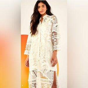 FARM Rio Off-White Guipire Chemise Sleeved Dress  XLARGE